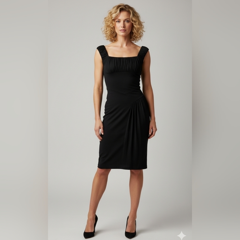 Elegant Black Sleeveless Dress. Size Small. Stretch. Gathered Detail. Midi